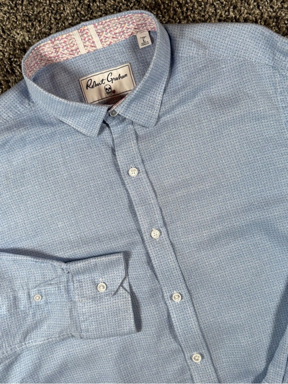 Robert Graham Men's Large Light Blue Cotton Linen Button Down Shirt Woven